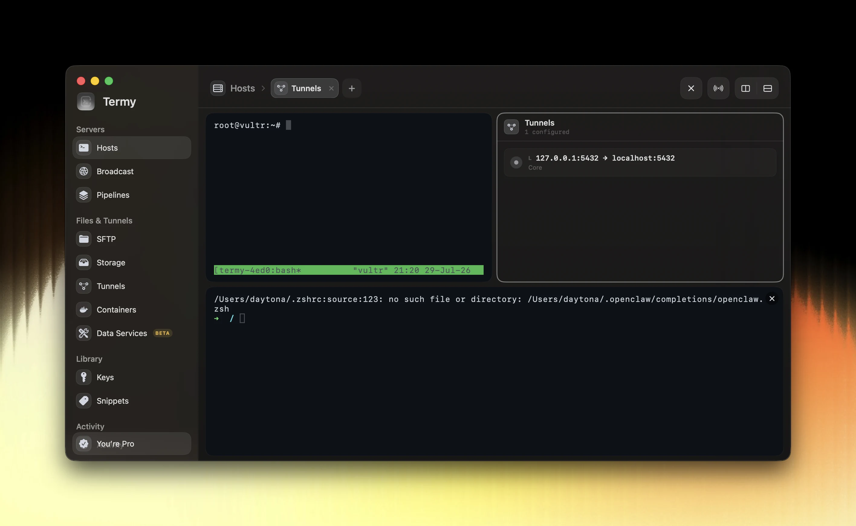 Termy native Mac workspace with split terminals and tunnel controls